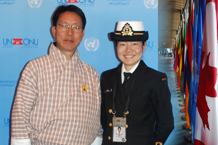 A/SLt Melinda Song poses with the Head of Delegation for Bhutan, the Minister of Foreign Affairs, Damcho Dorji, at the UN Peacekeeping Defence Ministerial Conference in Vancouver, Nov 15.