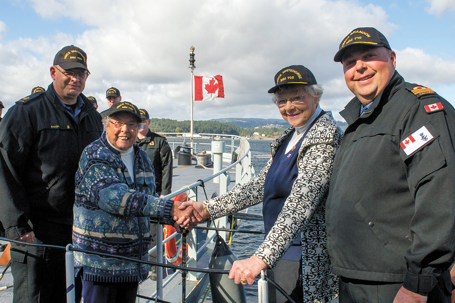 From left: PO1 Doug Bacon, Whitehorse Coxswain; Betty Coleman, Brandon’s ship’s sponsor; The Honourable Ione Christensen, Whitehorse’s ship’s sponsor; and LCdr Collin Forsberg, Whitehorse Commanding Officer. Photo by MARPAC Imaging