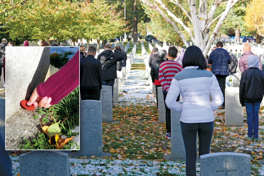 Students from Rockheights Middle School attend Veterans Cemetery God’s Acre in Esquimalt to pay their respects to fallen military members. Photo by Maryanne Trofimuk