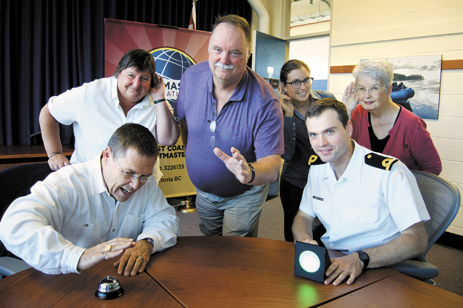 West Coast Toastmasters members (left) Rob McDermot, Wendy Arthurs, Ian Dorge, Deidre Moran, Linda Quesnel, Acting Sub-Lieutenant Guillaume Lussier-Houle gather for their weekly meeting at Naval Fleet School Pacific. Photo by Peter Mallett
