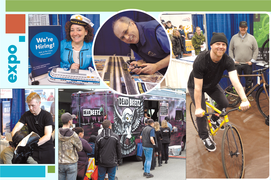 Clockwise from top left: Dana Tremblay displays job opportunities available at B.C. Ferries. Pierre Boucher of the CFB Esquimalt Model Railway Club gets his locomotives on track. Trevor Ball of Fort Street Cycle shows off a bike. Patrons line up at the Deadbeetz food truck for a free lunch. Karl Schneider, Registered Massage Therapist at The Spa at Delta Ocean Pointe Resort, gives a massage. Photos by Peter Mallett, Lookout