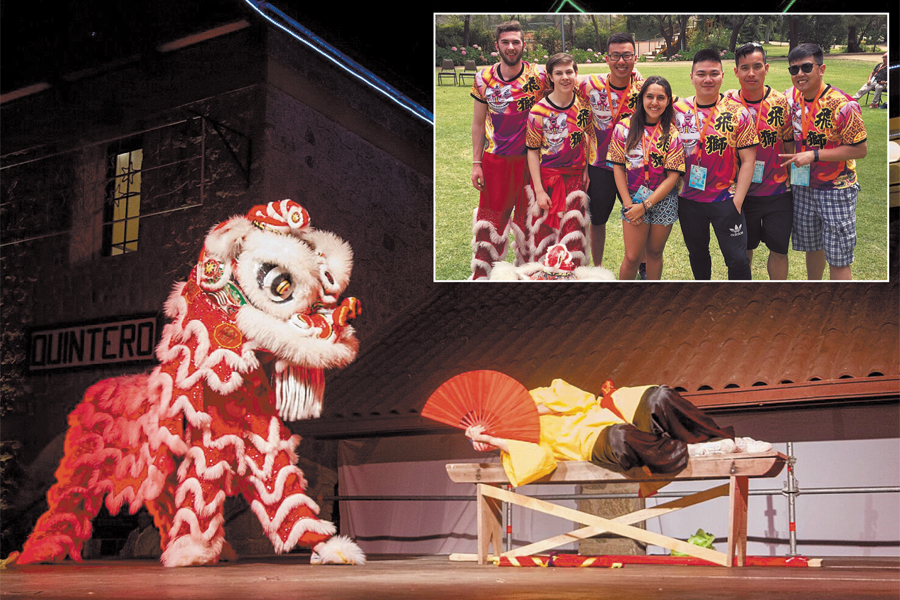 Inset: Members of the Flying Lion Dance Troupe pose for pictures during the 5th International Cultural and Folk Festival held in Concon, Chile.