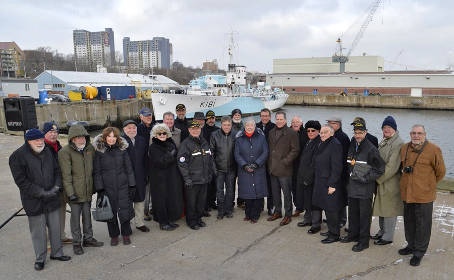 Treasury Board of Canada President Scott Brison and Dartmouth-Cole Harbour MP Darren Fisher were joined by members of Maritime Forces Atlantic and the Canadian Naval Memorial Trust Jan. 26 as they announced new federal funding for repairs to HMCS Sackville. Photo by Mona Ghiz, MARLANT PA