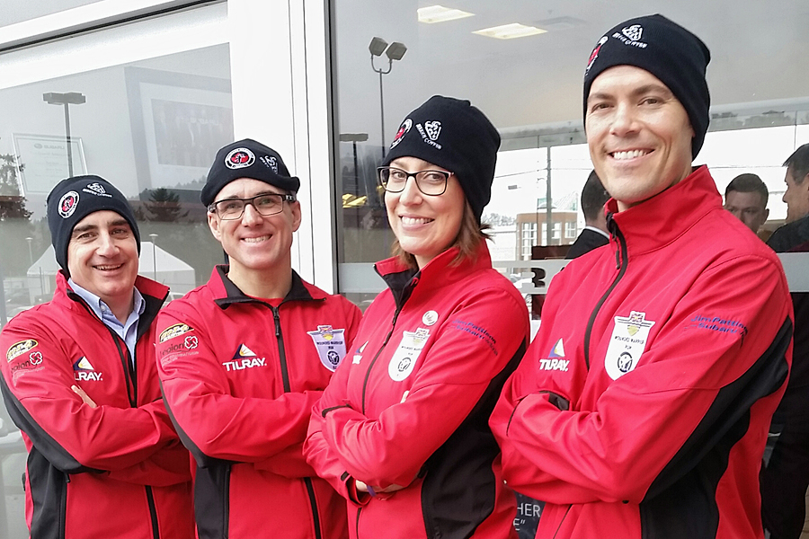 Runners from the base left: Lieutenant Commander Simon Brown, Master Seaman Steve Deschamps, and Matt Carlson are joined by Wounded Warrior Run B.C. Director, Captain Jacquieline Zweng (second from right) for the launch event at Jim Pattison Subaru in Colwood Feb. 1.