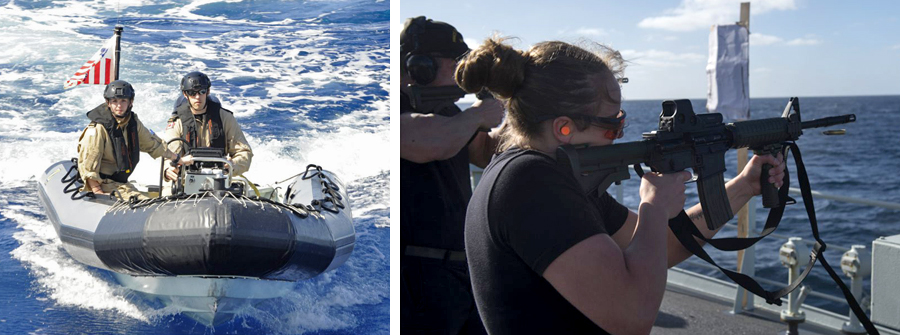 Left: Two members conduct small boat operations from HMCS Whitehorse. Right: A crew member from HMCS Edmonton fires a C8 rifle on the ship’s fo’c’sle during Operation Caribbe in the eastern Pacific Ocean. Photos by MARPAC Public Affairs