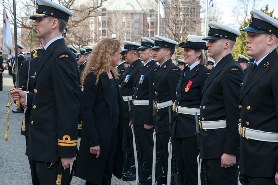 The Governor General of Canada inspects the Guard of Honour comprised of Canadian Armed Forces members from Maritime Forces Pacific.