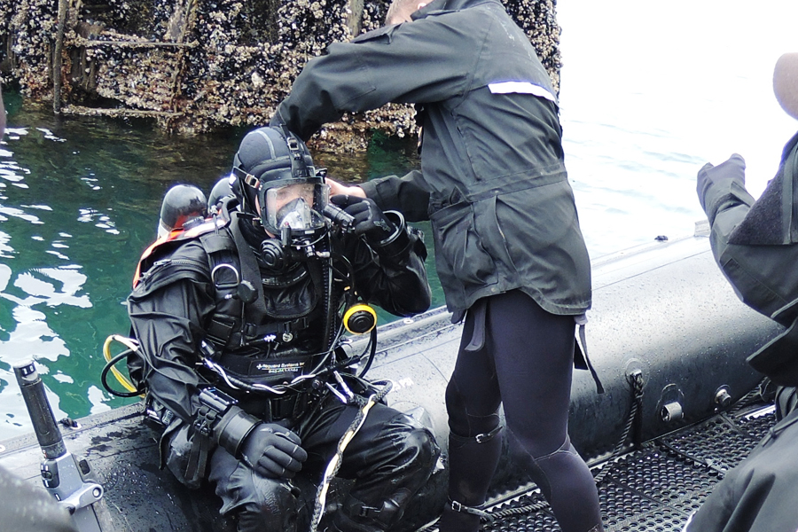Leading Seaman Matthew Billard of Fleet Diving Unit (Pacific) undergoes training for a new surface-supplied diving system at his unit’s headquarters in Colwood, March 10. Photo by Peter Mallett, Lookout