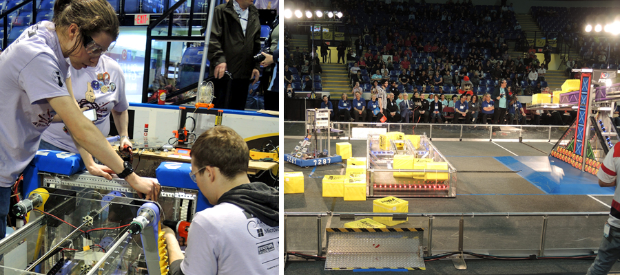 Students from Esquimalt High School make some last-minute repairs to their robot ‘Spike’ before a quarter final match.