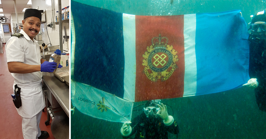 On dry land: Army cook Corporal Patrick Espanola of 19 Mission Support Squadron prepares fish for lunch in the kitchen of 19 Wing Comox. In the deep: Cpl Espanola at about 45 feet (14 metres) below sea level off the coast of British Columbia with the Logistics Branch special 50th anniversary flag. Photos by Corporal Curtis Coles, 19 Mission Support Squadron and member, Pacific Divers SCUBA Club