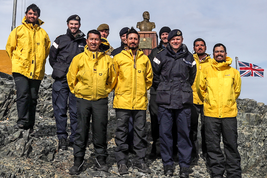 HMS Protector crew members pay an informal visit to Argentinean Antarctic Base San Martin while on patrol in the Antarctic. Protector is currently conducting the third work package of its Ice Patrol season.