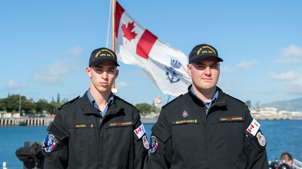 Ordinary Seaman Hachez (left) and Leading Seaman Bujold-Foisy (right), crewmembers on board HMCS Vancouver, were two of four Canadian Armed Forces members who intervened in a stabbing on March 17 in Langford B.C. The photo was taken during Operation Projection Indo-Asia Pacific, Pearl Harbor, Hawaii, on April 11. Photo by Master Corporal Brent Kenny, MARPAC Imaging Services