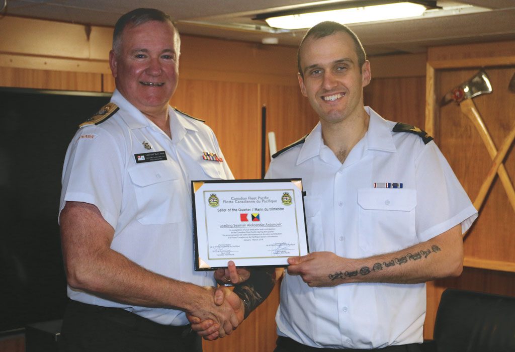 Leading Seaman Aleksandar Antonovic is awared the Canadian Fleet Pacific’s Sailor of the Quarter for Q4 2017 from Cmdre Zwick, CCFD Commander Canadian Fleet (Pacific).
