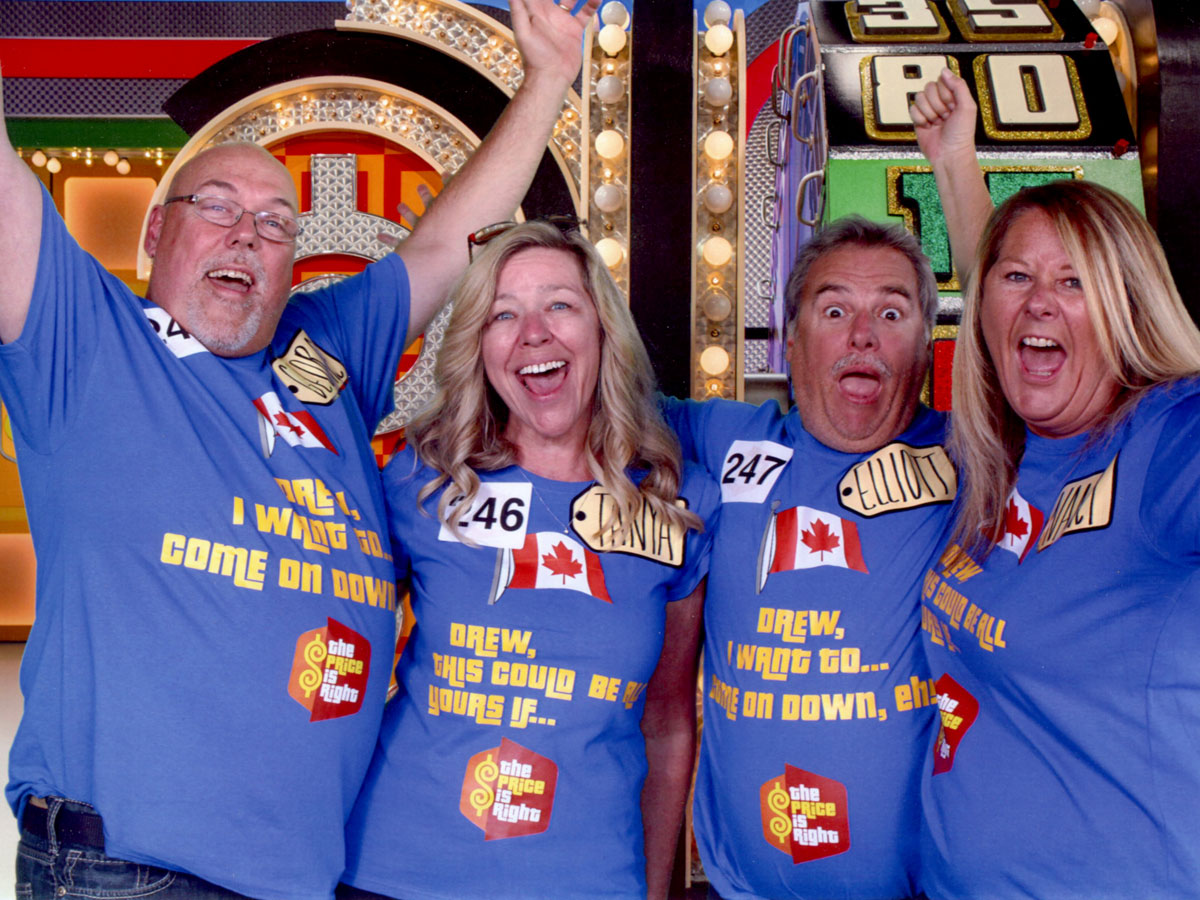 George Morris, left, and his wife Tanya are joined by their friends Elliott Roggers and Nancy Roggers on The Price is Right set at CBS Television Studios in Los Angeles. They attended a taping of the show on March 5 with Morris earning a spot in Contestant’s Row and on the main stage.