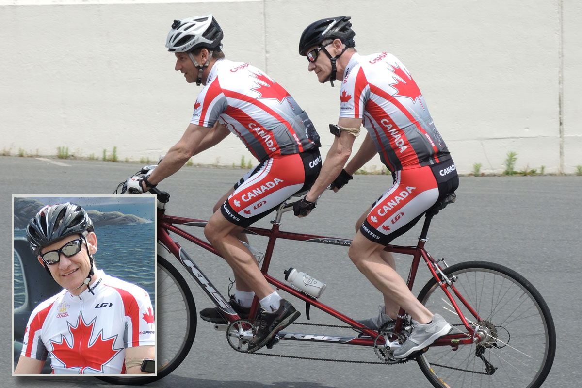 Lieutenant-Commander (Retired) Mark Cunningham (left) and Master Corporal (Retired) Lutz Stelzner take their new tandem bicycle for a test drive through the parking lot of the Naden Athletic Centre on May 31. The two cyclists were reunited in Victoria last week and took part in the Navy Bike Ride on June 1. Inset: Invictus Games cyclist Master Corporal (Retired) Lutz Stelzner. Photos by Peter Mallett, Lookout