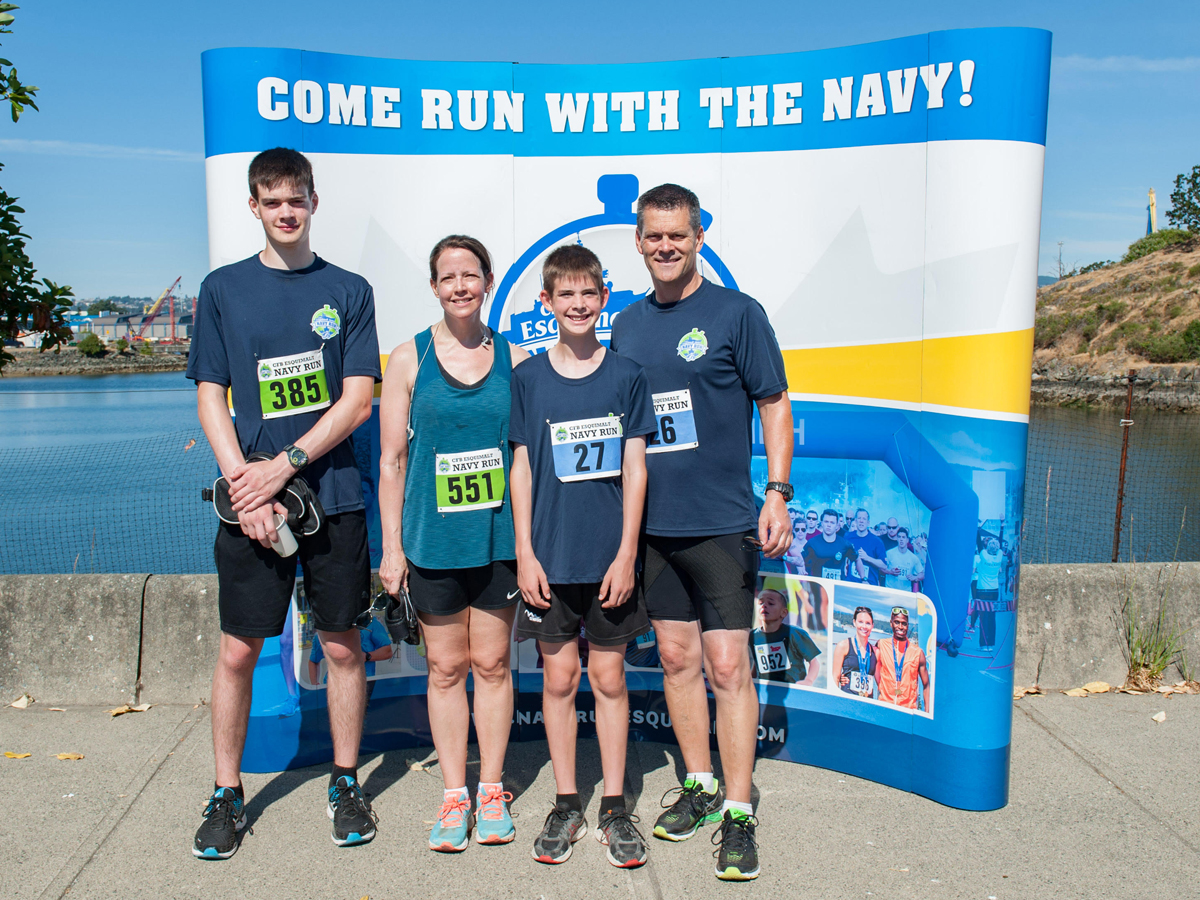 Running Through Time: MWO (Retired) Bill Cantwell’s family has run in each of the past four Navy Runs at CFB Esquimalt. From the left: Liam Cantwell, Chantelle Sinclair, Shane Cantwell, and Bill Cantwell.