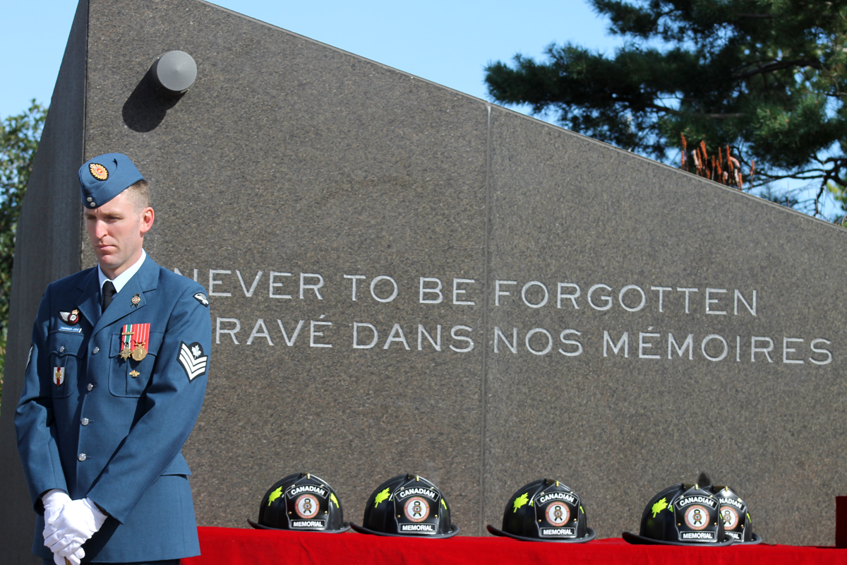 Sergeant Sebastien Cournier-Cote, a firefighter from CFB Borden, stands sentry during the memorial. Photo by Linda Matta, Waken Photography