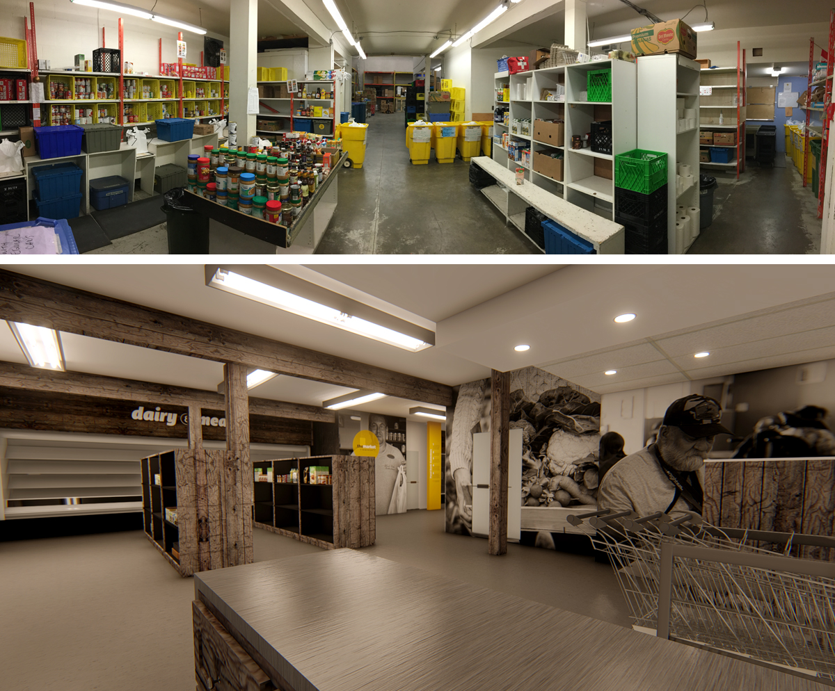 A before and after sequence of graphics illustrating the Mustard Seed Food Bank before HeroWork began a Radical Renovation of the facility over the weekend and an artists depiction of what the new Mustard Seed Market will look like when work is completed in early November.