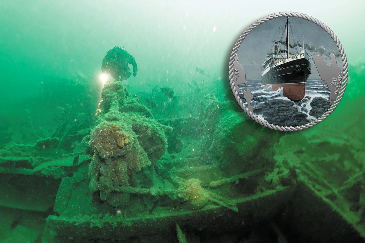 Diver Jacques Marc of the Underwater Archeological Society of British Columbia swims over the stern wenches on the wreck of the Sophia. Photo by Annette G.E. Smith. Inset: SS Princess Sophia commemorative coin by artist Yves Bérubé. Photo credit Royal Canadian Mint.