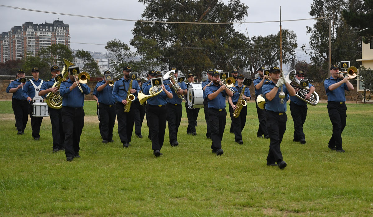 The Naden Band marches to Heart of Oak while practicing at the Chilean Naval Academy.