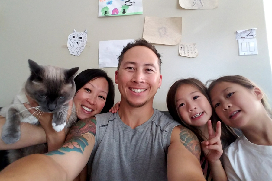 Dockyard worker Jeremy Chow takes a selfie with his wife Evelyn (left), his two daughters Jayla and Maile, and the family cat Piku. Chow is currently battling leukemia and so far has had no luck in his search for a potentially life-saving stem cell donation.