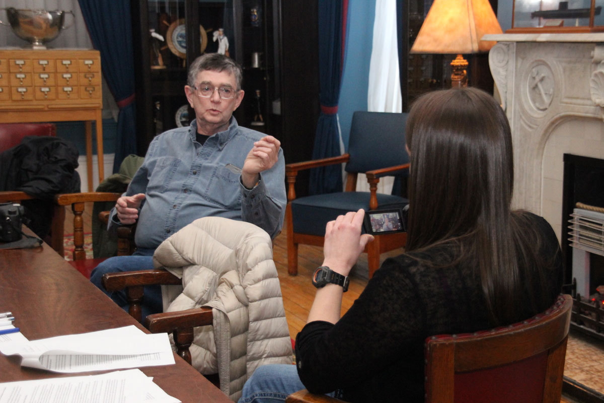 Retired submariner Jim Northrup spoke to members of the Lost Soul group about the history of the Naval Museum and some of his own experiences in the building. Photo by Ryan Melanson, Trident Staff
