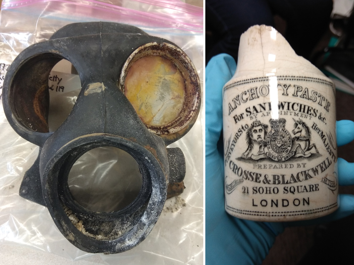 Left: A recovered Canadian issue Mark IV 1942 gas mask. Right: British ceramic anchovy paste jar dating to between 1830 and 1860, recovered near B Jetty.