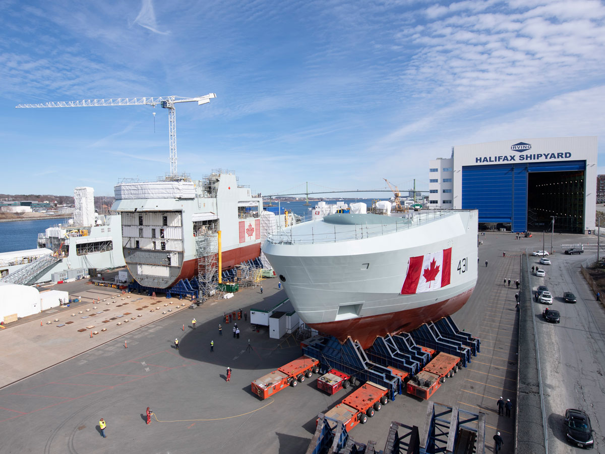 The bow mega block section of the future HMCS Margaret Brooke is moved outside at Irving’s Halifax shipyard. Photo courtesy Irving Shipbuilding