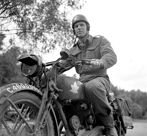 Dispatch rider Frank Shaughnessy of the 2nd Anti-Tank Regiment, Royal Canadian Artillery.  Photo: Library and Archives Canada, MIKAN 3202240
