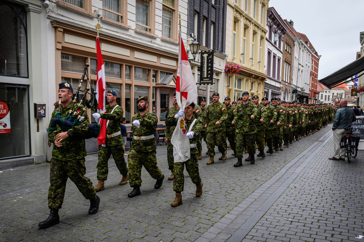 Members of the Canadian Armed Forces Nijmegen Contingent march in ranks through the streets of Bergen Op Zoom, near Groeet Markt, in the Netherlands on July 13. Photo by Avr(T) Jérôme J.X. Lessard