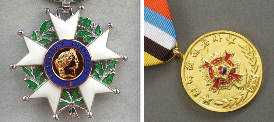 Left: National Order of the Legion of Honour - France. Right: Ambassador for Peace Medal – Republic of Korea