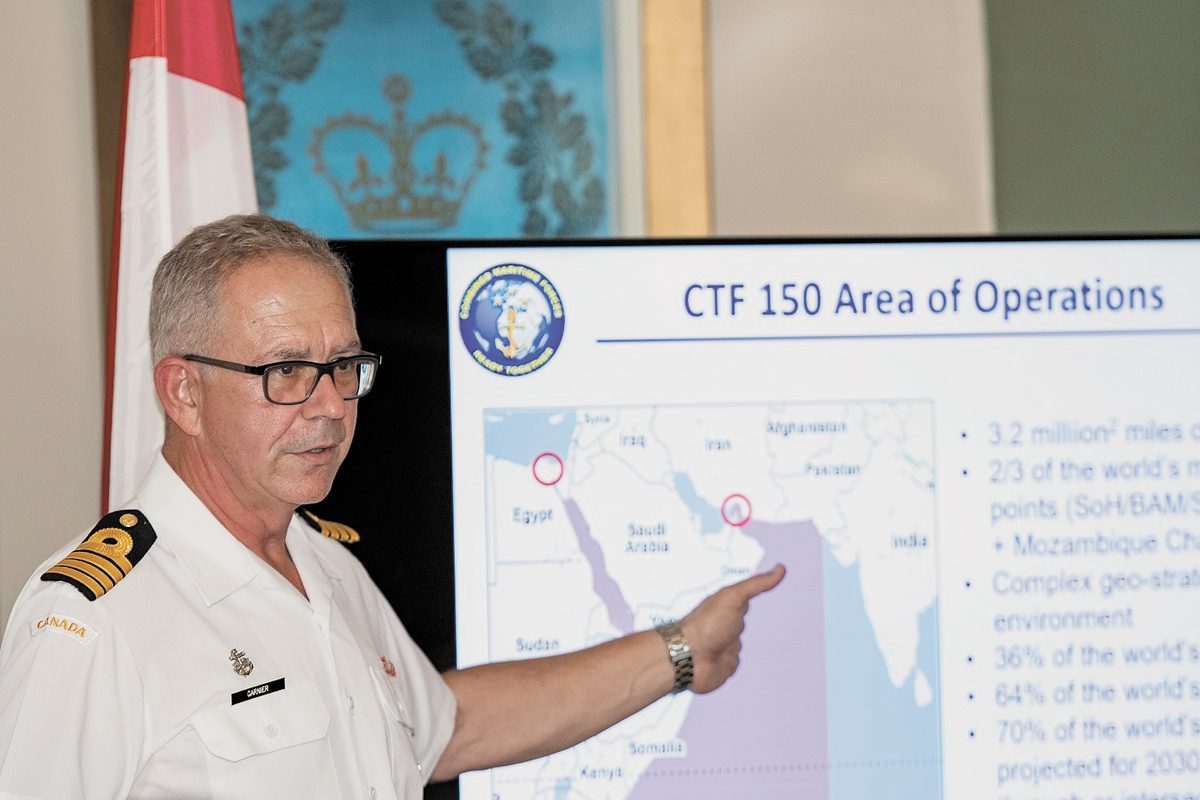 Capt(N) Darren Garnier speaks to members of Royal United Services Institute of Nova Scotia about his time in command of Combined Task Force 150. Photo by Mona Ghiz, MARLANT PA