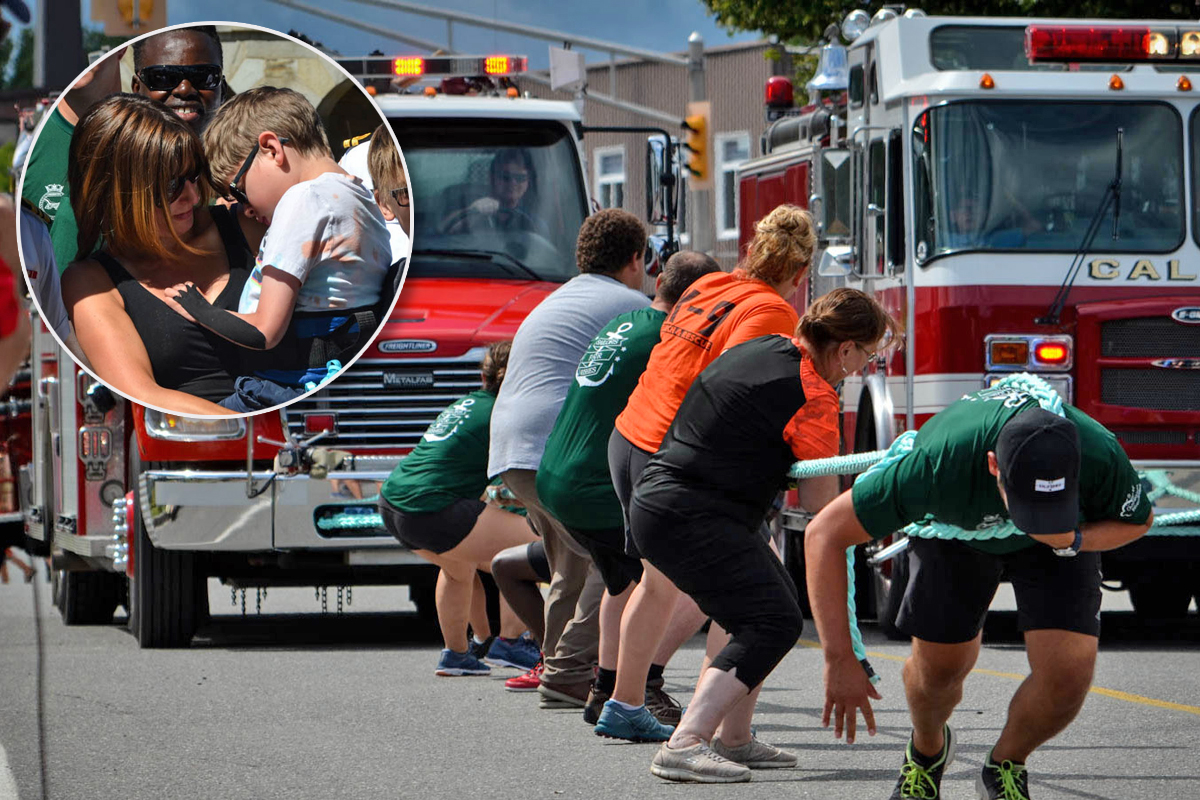 A team from HMCS Fredericton’s crew (green shirts), as part of the ‘Sailors For Wishes’ fundraising campaign from Aug. 6-14, participated in the International Fire Truck Pull in St. Stephen, NB. Inset: Children’s Wish Foundation child Noah, 9, with his mother Julie Bennett.