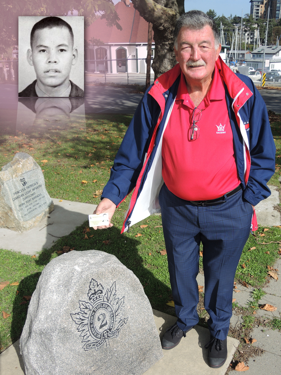 MCpl (Retired) Ray Weeks stands next to a Queen’s Own Rifles commemorative marker located near the Kingsmill Building at Work Point. In his hand is a commemorative card to honour his friend, Rifleman Harold George, who died during a training accident on the Sooke River on Sept. 24, 1969. Weeks, who lives in Gold Coast, Australia, was in town to attend a memorial ceremony in Sooke in honour of his friend and platoon mate.