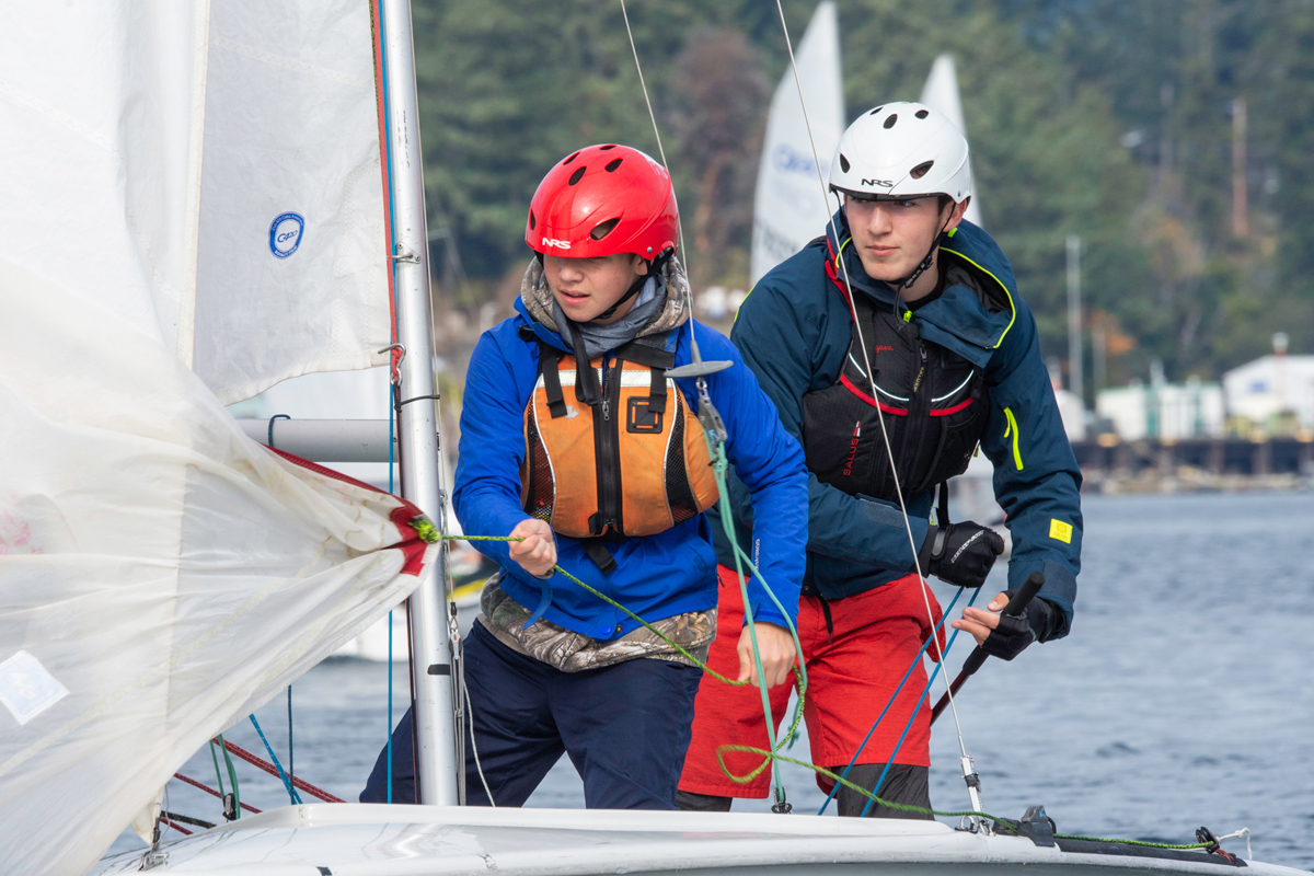 Cadets Graeme Bradford from RCSCC 93 and Jamie Tattrie from RCSCC 202 prep their spinnaker during the Provincial Qualifying Regatta held in Esquimalt Harbour.