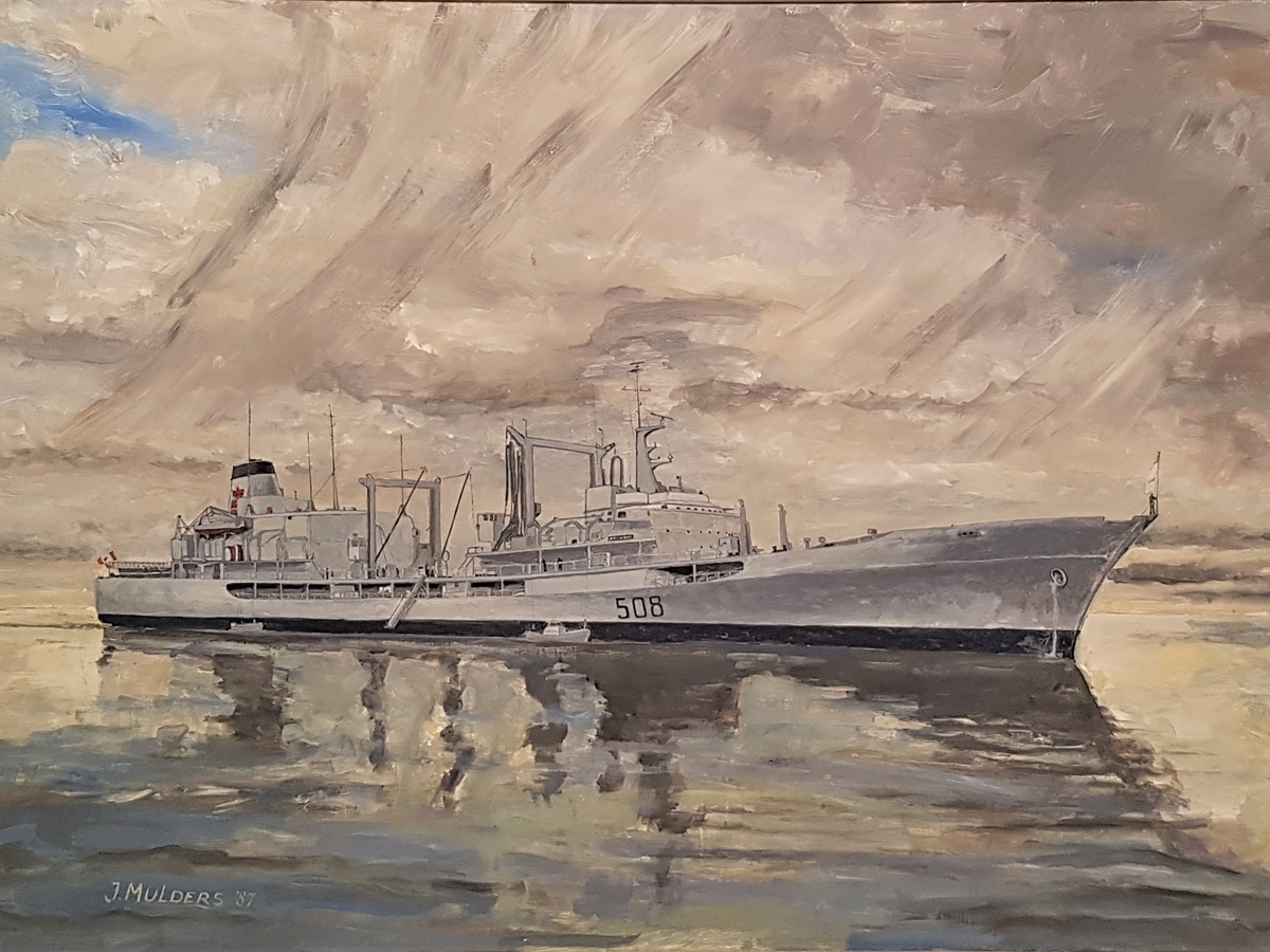 HMCS Provider by John M. Mulders. Provider was a support ship and the first in the fleet, as well as the largest ship ever built in Canada for the Canadian Navy during its time. It was commissioned in 1963 and was built to carry fuel, ammunition, supplies, dry and refrigerated provisions, and replacement helicopters among other necessary freight to aid its naval fleet. Photo credit: Maritime Museum of BC