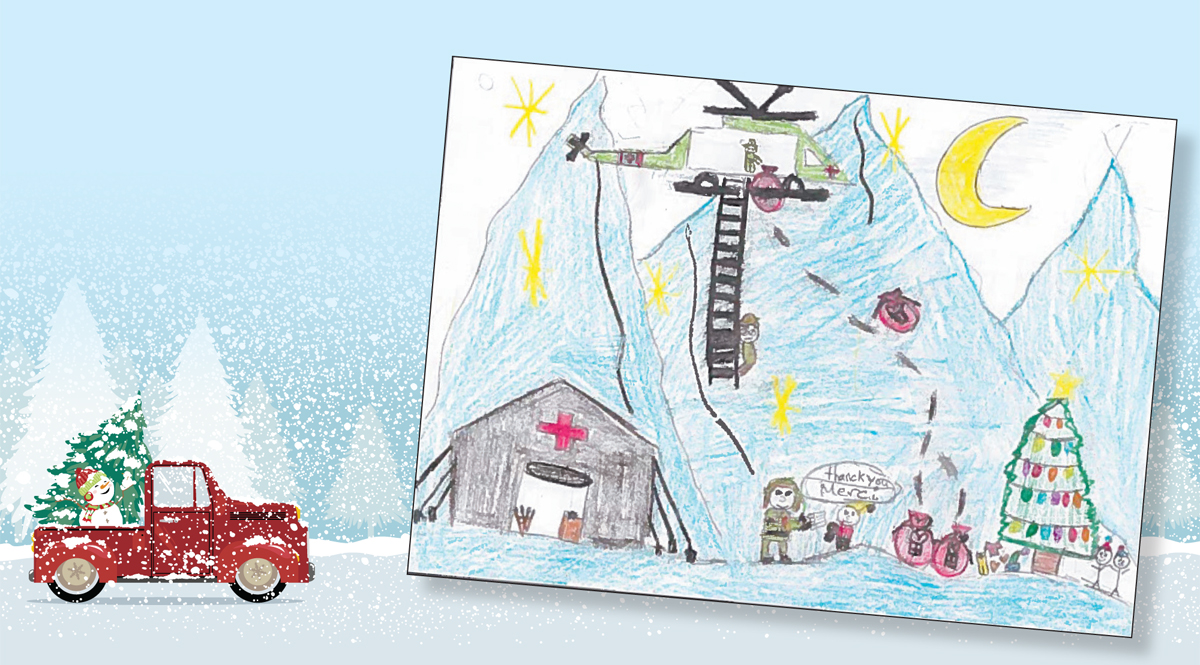 At right: 2018 contest winner - Isabel Broadbent (age 11): Military hospital and personnel spreading Christmas joy to children in Ukraine and delivering gifts. They are also helping decorate a Christmas tree.