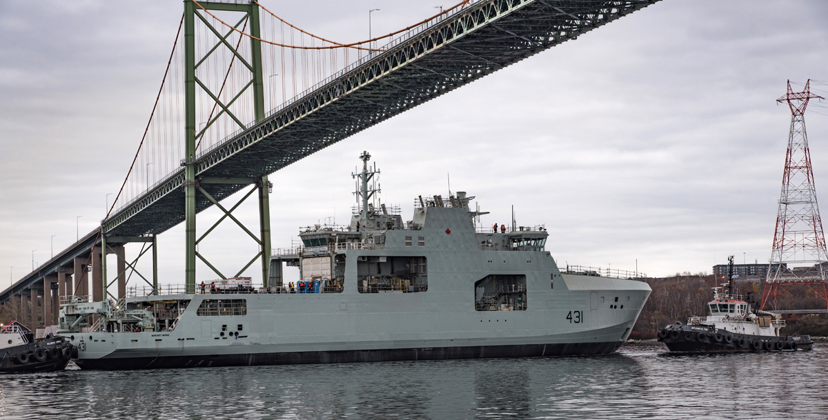 The future HMCS Margaret Brooke was successfully launched on Sunday, Nov. 20, in Halifax, NS. The ship is the second of the Harry DeWolf class, known as the Arctic and Offshore Patrol Ships. Photo by MCpl Manuela Berger, Formation Imaging Services Halifax