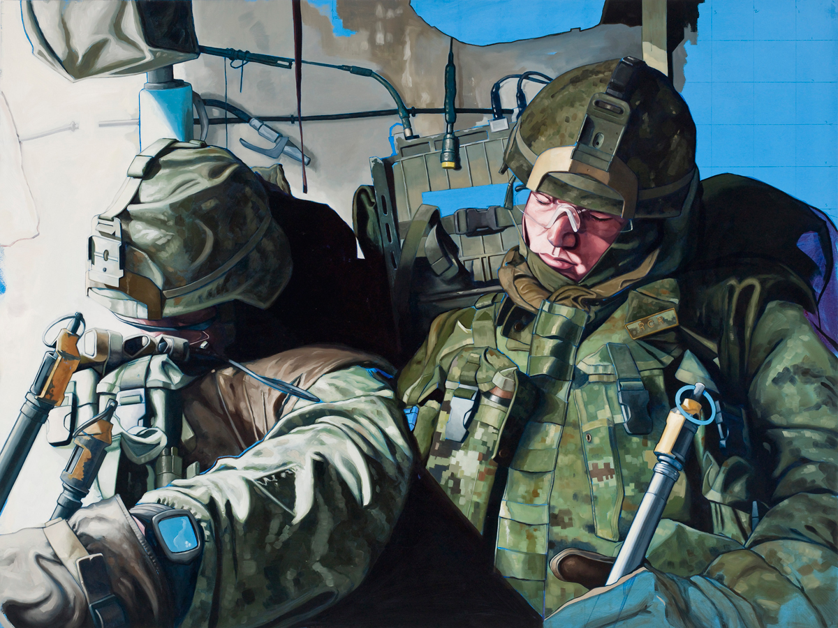 Former Canadian Forces Artist Program volunteer Scott Waters depicts two members of 2RCR (Royal Canadian Regiment) sleeping in their light armoured vehicle during training at CFB Gagetown in 2006.