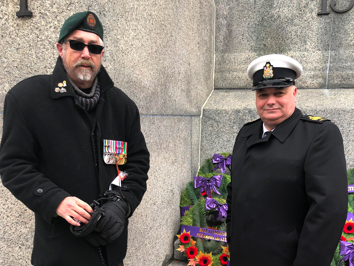 Michael McGlennon, Vice President of Persian Gulf Veterans of Canada (left), and CPO1 Gerald Doutre attend the Remembrance Day ceremony at the National War Memorial in Ottawa to lay a wreath on behalf of the Persian Gulf Veterans of Canada. Photo credit PGVC