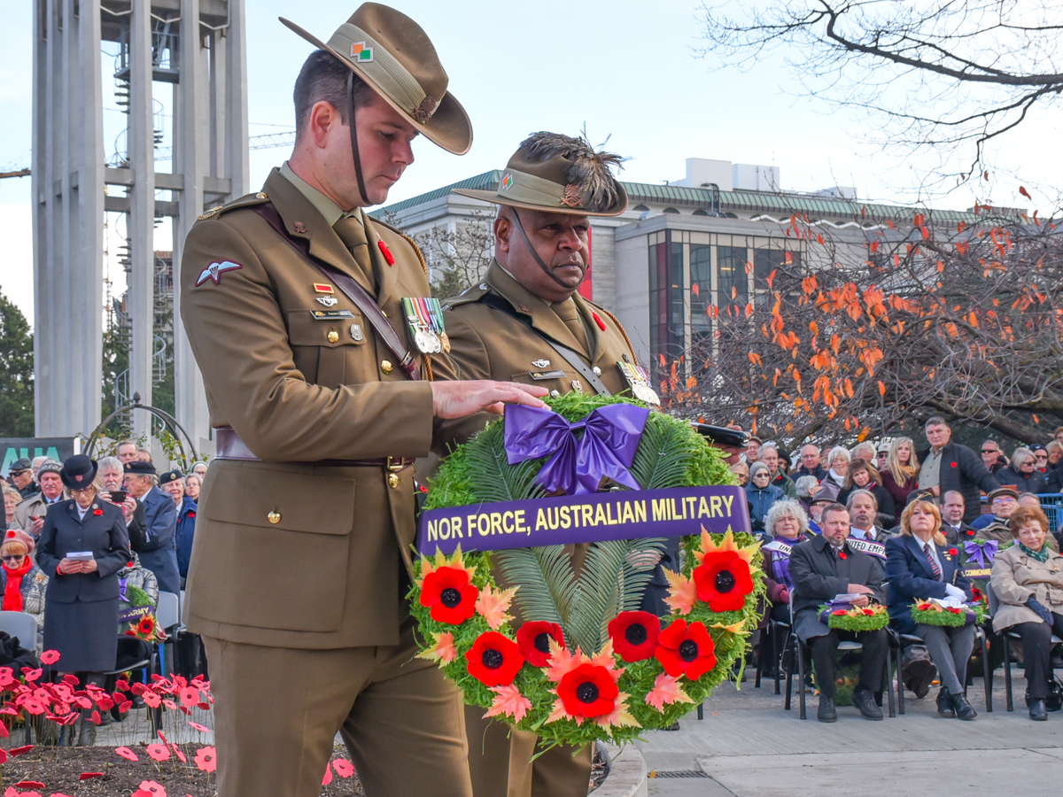 Major James Oliver, Australia’s North-West Mobile Force Arnhem Squadron Commanding Officer, pictured left, and his Regimental Sergeant Major, Warrant Officer Class One Kenneth Nelliman, lay a unit wreath at the B.C. legislature cenotaph during the Remembrance Day service. Photo by Lieutenant Natasha Tersigni