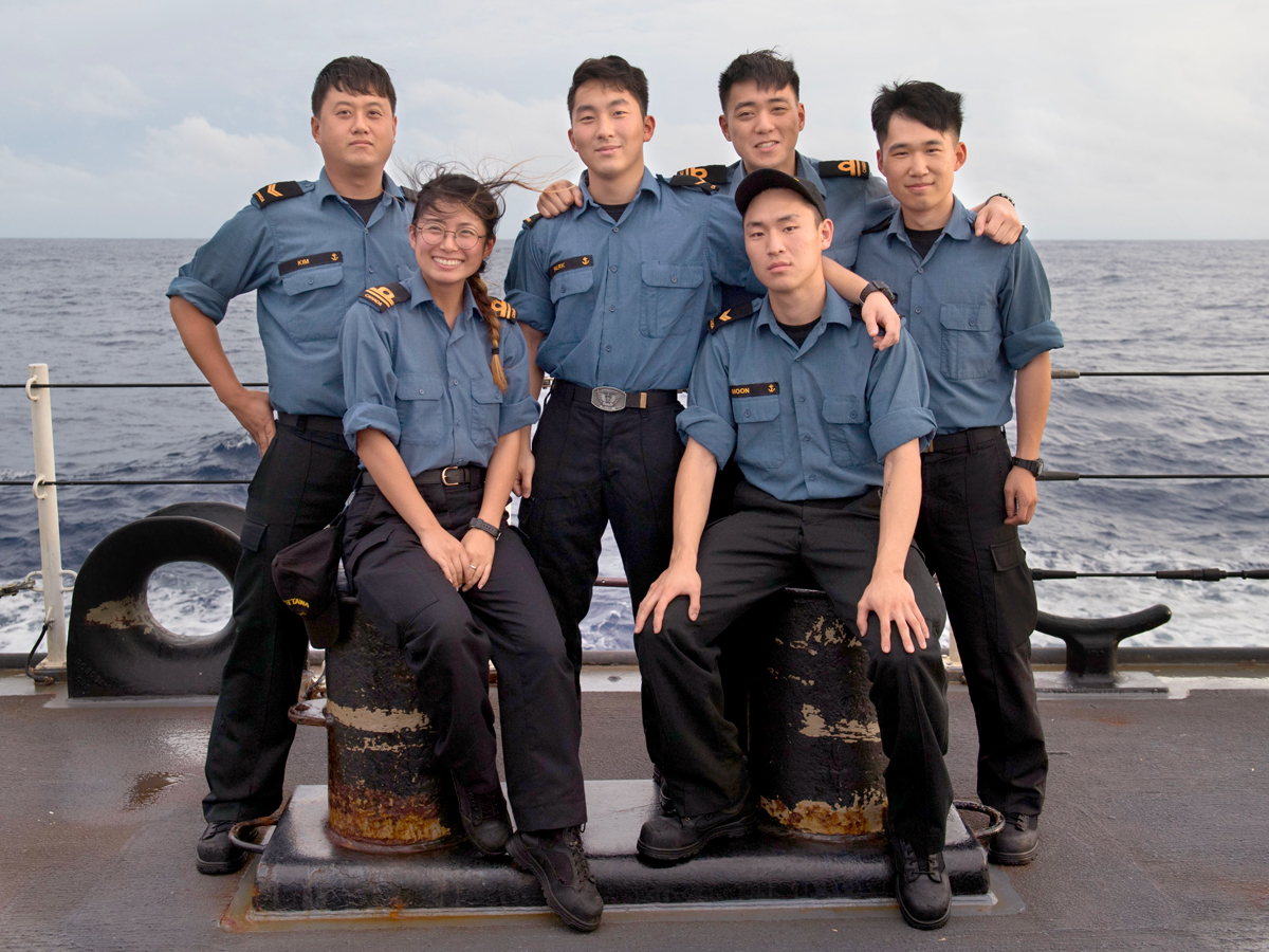 Back row: LS Kim, AB Park, SLt Hahm, and SLt Yun. Front row: SLt Lee and LS Moon.  Photo by Leading Seaman Victoria Ioganov