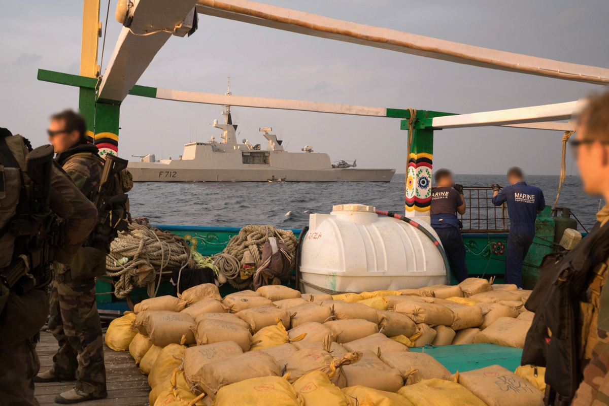 FS Courbet’s boarding party with some of the 3.5 metric tonnes of hashish seized from a dhow in the Gulf of Oman on 13 December, 2019. The estimated regional wholesale value of this bust is $1.8 million U.S. dollars.