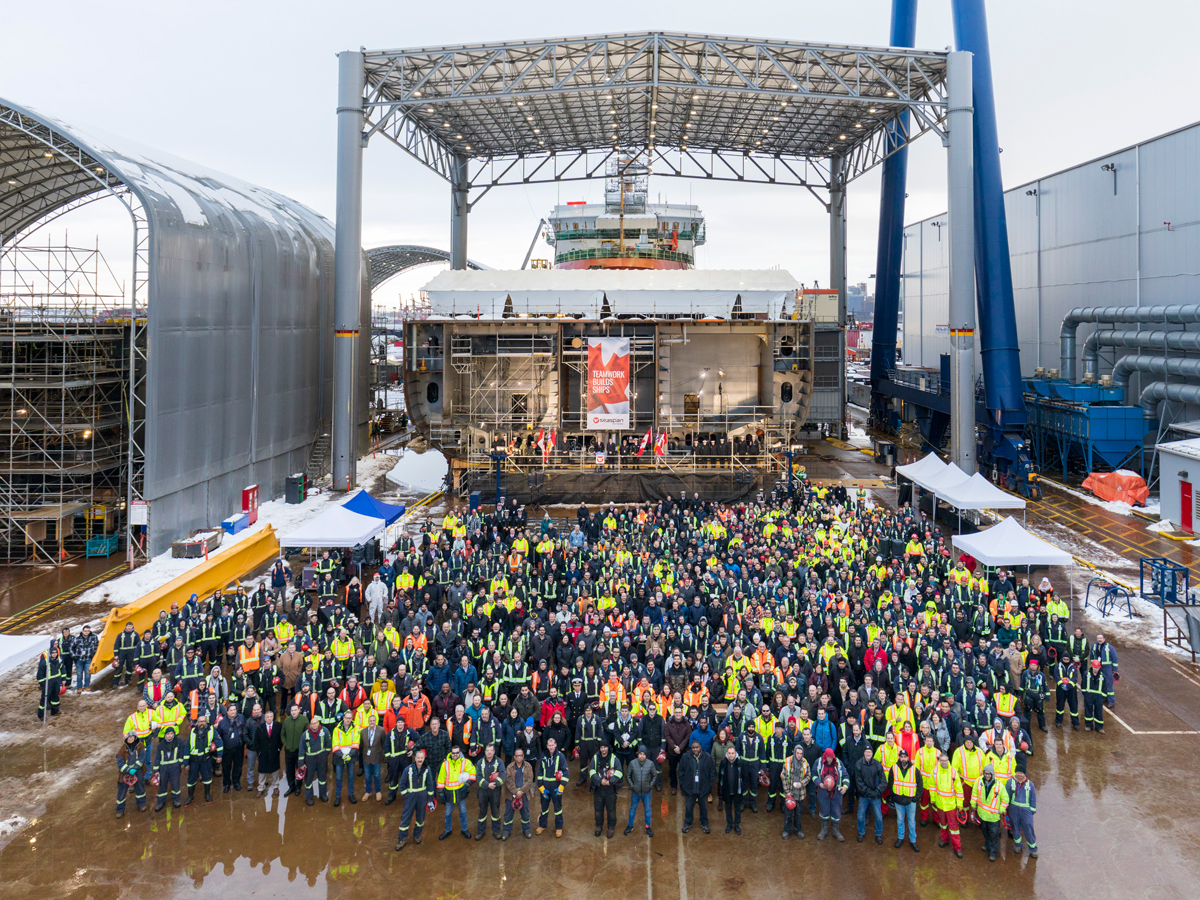 On January 16, 2020, representatives from the Government of Canada and the Royal Canadian Navy, many of Seaspan Shipyards more than 2,800 employees and other guests gathered for a ceremonial keel laying event. Photo credit: Seaspan Shipyards