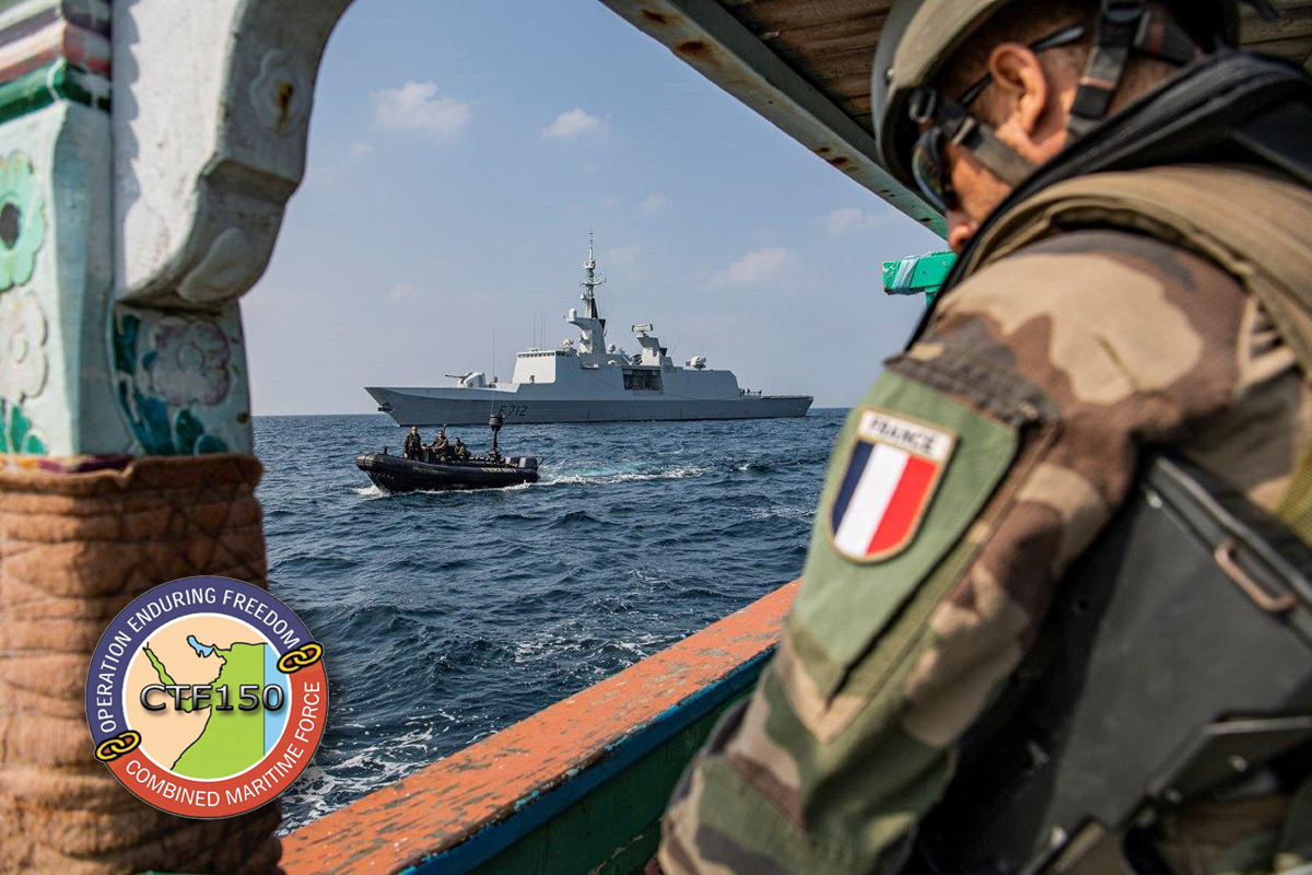 FS Courbet’s boarding team searches a dhow in the Gulf of Oman while the ship stays close. Courbet’s boarding team found and seized 1.5 metric tonnes of hashish from this vessel. The estimated regional wholesale value of the drugs was $780,288 U.S. - worth many times more on the street. Photo provided by Marine Nationale