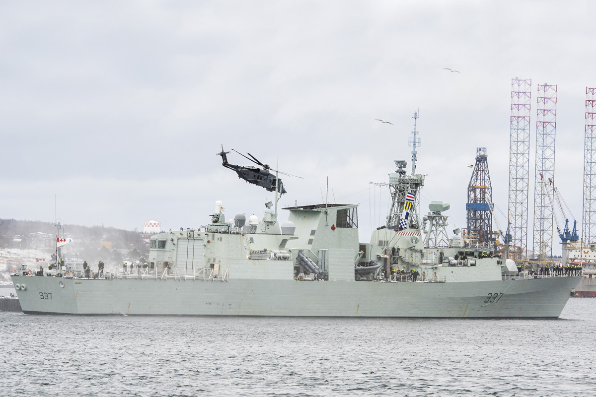 HMCS Fredericton set sail with 251 sailors, airmen and women, for a 6-month deployment overseas on Operation Reassurance, on 20 January 2020. Since 2014, this is the 13th #RCNavy ship, to deploy on Operation Reassurance and marks the third time for Fredericton. HMCS Fredericton will deploy with a 12-Wing Shearwater CH-148 Cyclone helicopter, call-sign Stalker. This marks the Royal Canadian Air Force’s 5th operational deployment with the Royal Canadian Navy and the 4th Cyclone to conduct flying operations during Op REASSURANCE. Photo by Mona Ghiz, MARLANT PA HS88-2020-0033-001 © 2020 DND-MDN Canada