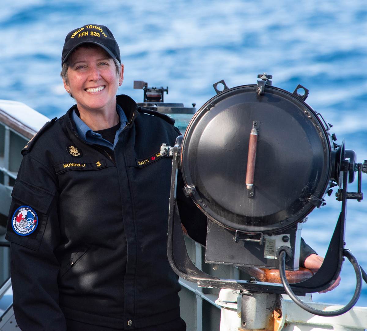 CPO1 Alena Mondelli is seen at sea during an Operation Reassurance deployment with HMCS  Toronto in 2019. Photo by MCpl Manuela Berger, FIS