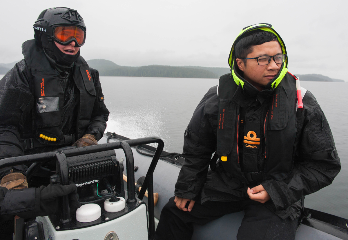 Leading Seaman Kayla Ruiz and Lieutenant (Navy) Miguel Perez conduct a maritime domain awareness patrol. Photo by Leading Seaman Brendan Gibson, MARPAC Imaging