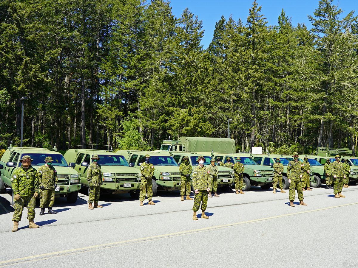 A platoon from Land Task Force Vancouver Island’s Domestic Response Company assemble at Canadian Forces Ammunition Depot Rocky Point before returning to base May 6. Photo by Capt Jeff Manney, LCC D/PAO
