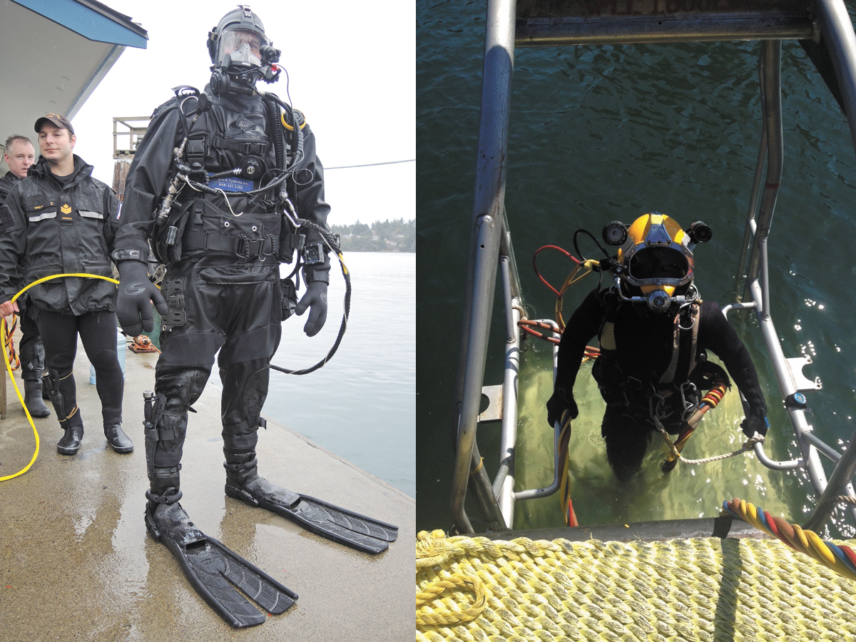 The Ultra Lightweight Surface Supply Diving System includes lightweight carbon fiber reserve and regulator tanks, a more portable surface supply system, and a much smaller umbilical cord - the long yellow hose that supplies divers with an unlimited supply of high pressure breathing gas, along with an enhanced communication system. During the training, divers will also wear the Kirby Morgan Super light 17 breathing helmet. Photo: FDU(P)
