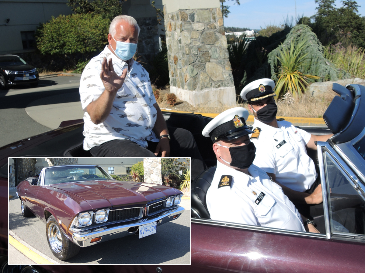 Base Commander, Capt(N) Sam Sader gets behind the wheel of a unique 1968 Beaumont Convertible. He was joined by Base Chief, CPO1 Al Darragh and Rex Landis of Habitat for Humanity Kamloops. Landis was in town July 28 to help promote a raffle for the classic car that is being used as a fundraiser for the non-profit to support veterans. Photos by Peter Mallett, Lookout Newspaper
